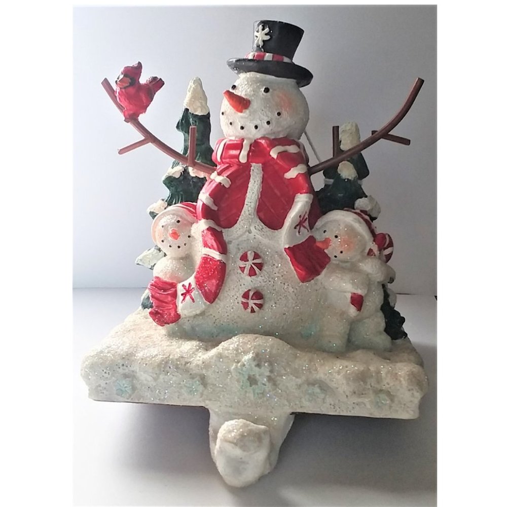Cast Iron Christmas Stocking Hanger Snowman Snowmen Cardinal Sparkling Snow 4.5"